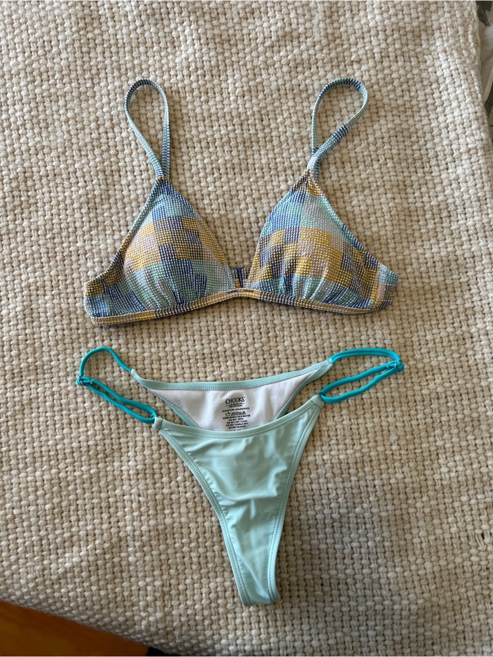 ARIE Pastel Plaid Triangle Bikini Top & Boutine LA Mint Teal Strap Bottom